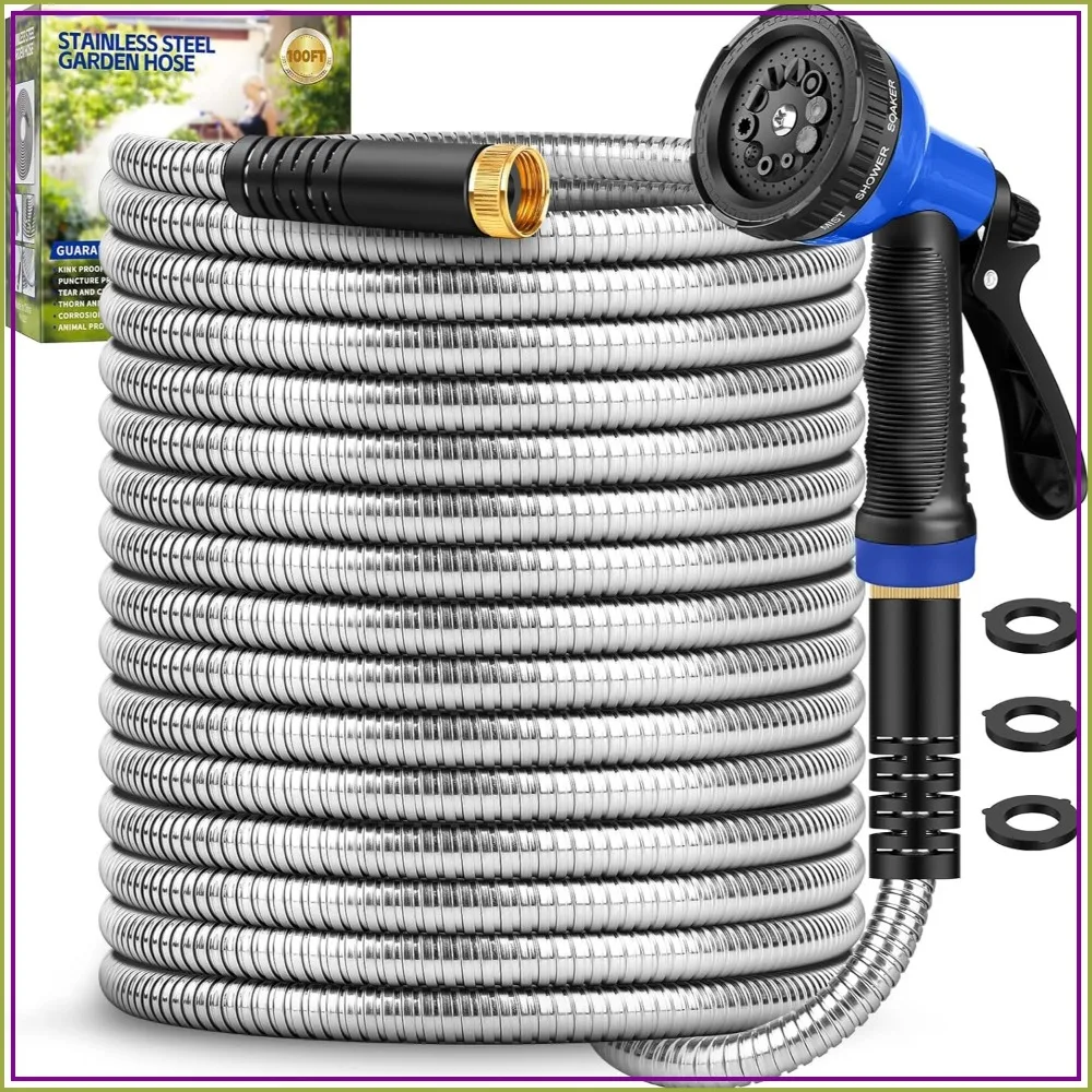 

100ft Stainless Steel Garden Hose, Flexible & Leak-Proof with 10-Function Nozzle, Heavy Duty for Yard, Lawn, RV, Car Wash