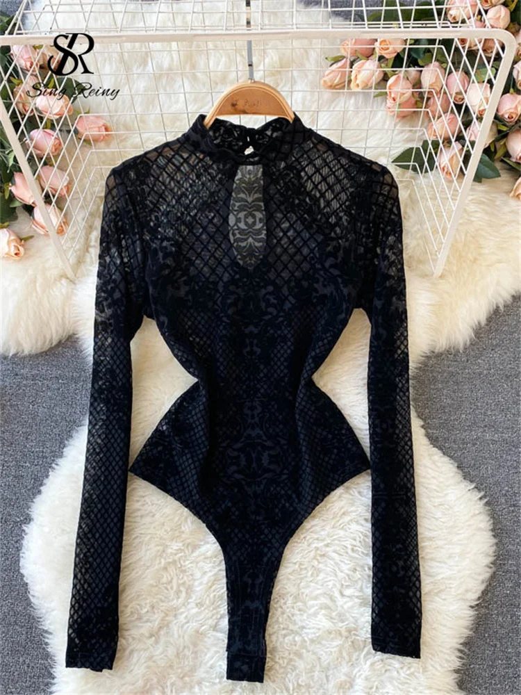 SINGREINY Fashion Summer Velvet Slim Playsuits Long Sleeves Vintage Bodycon Rompers Streetwear Y2K Ins Chic Mesh Sexy Bodysuits