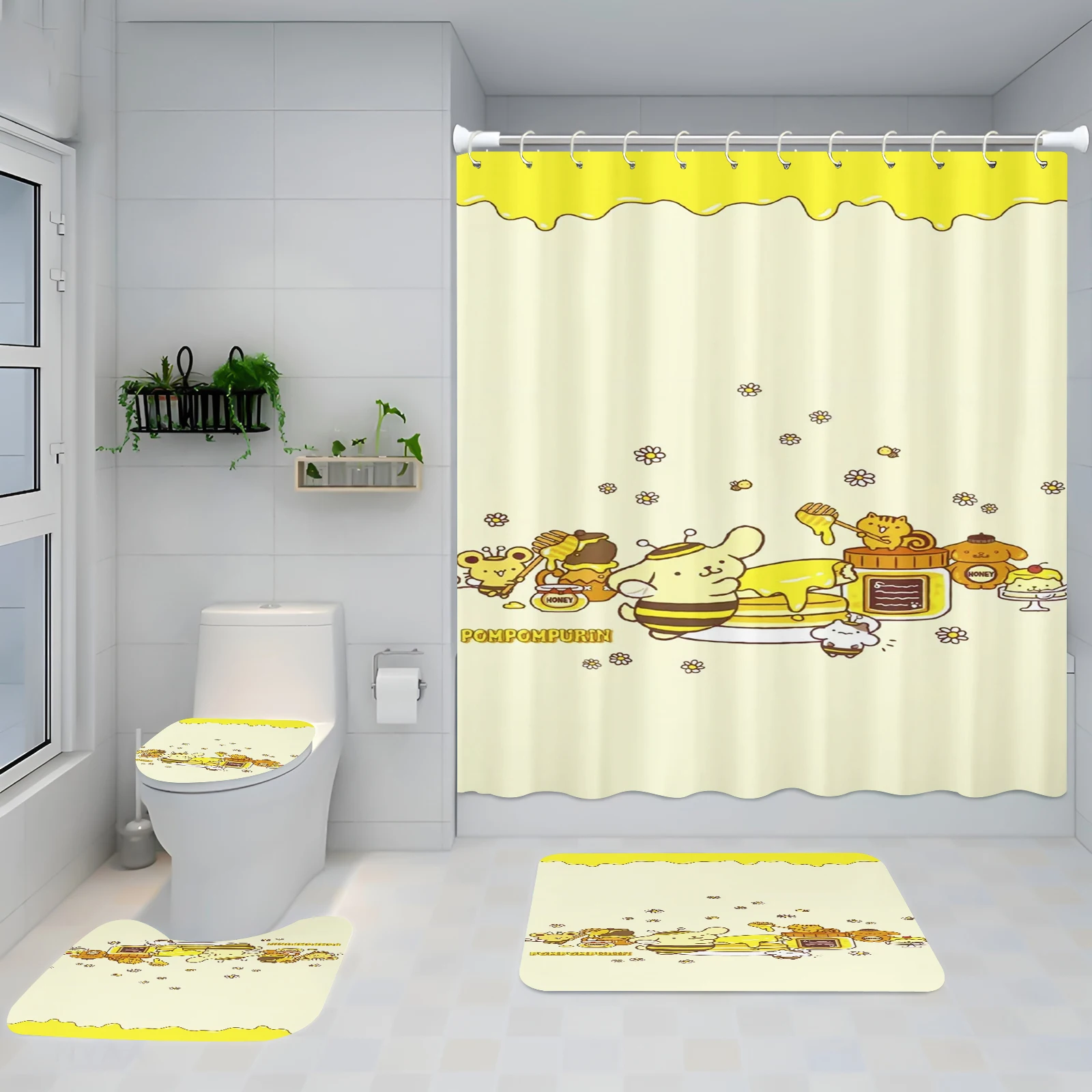 

4 Pcs Pompompurin Cartoon Bath Set Anime Cute Shower Curtain Full Floor Mats Bathroom Home Decor Accessories Set
