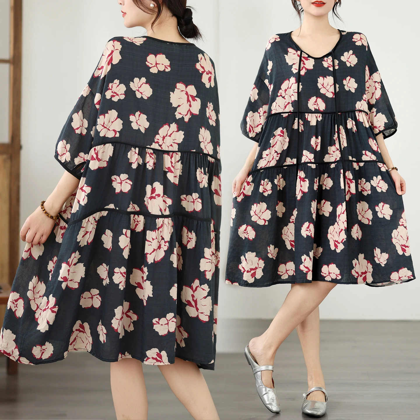 

Summer New plus Size Cotton Linen Print round Neck Sleeveless Slimming Versatile Dress City Walk High Waist A-Line Skirt