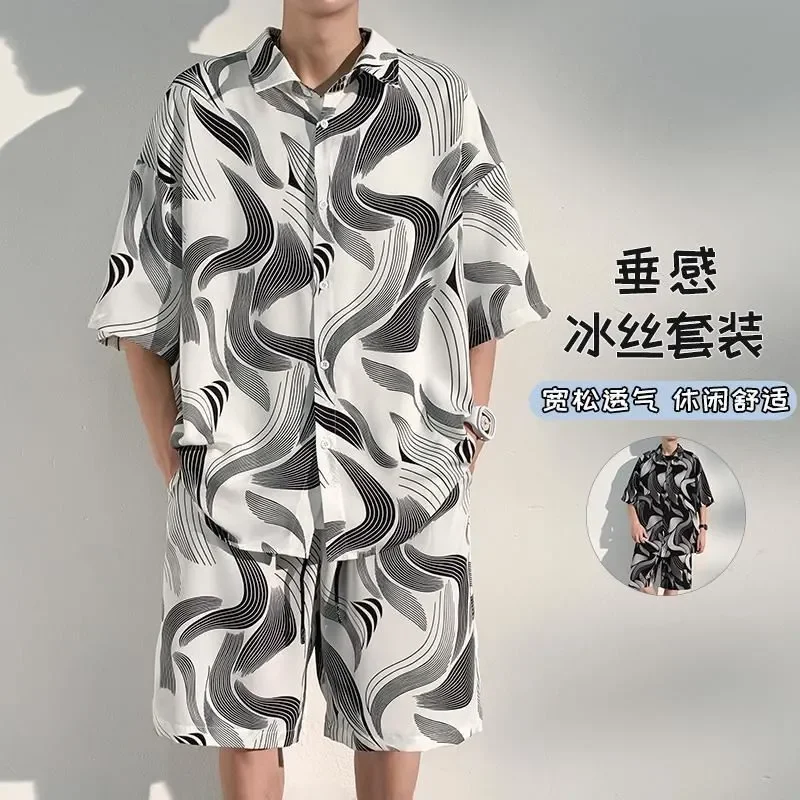 Fashionable Vacation Drape Men's Suit Beach Pants Light Mature Loose Casual Short-sleeved Shirt Shorts Home Wear