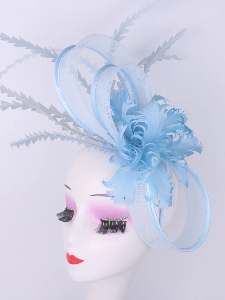Light blue feather headwear, women's formal event Derby headwear, elegant ladies' hat, fashionable wedding headwear hat