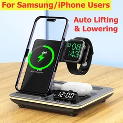 Auto 5 In 1 Wireless Charger Stand Alarm Clock LED Light Fast Wireless Charging Station Dock for iPhone 15 14 IWatch Airpods Pro