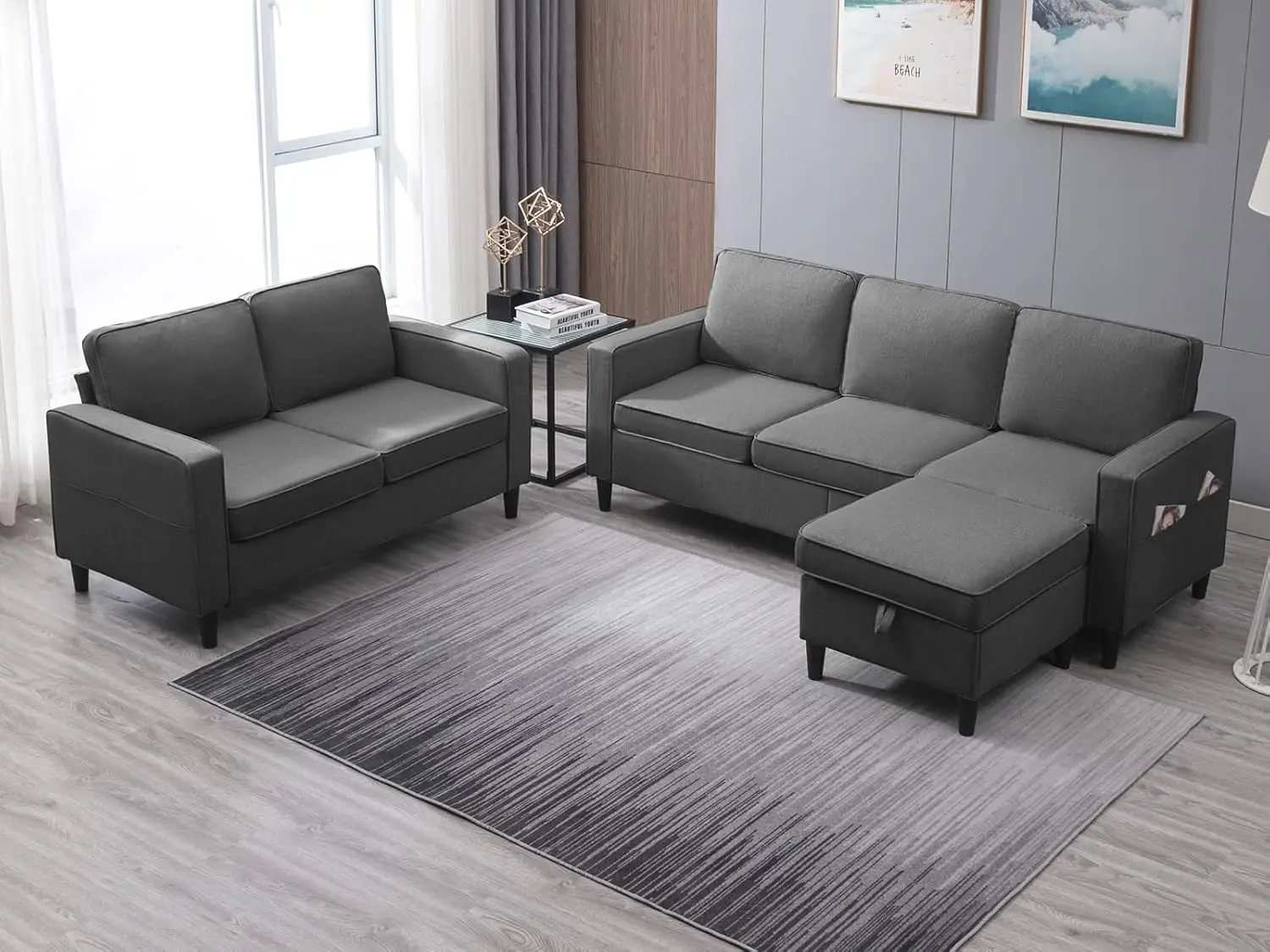 Sectional Upholstered Sofa, Sofa Couch with Side Pockets,  torage Ottoman, for Living Room-Sofa&Loveseat&Ottoman