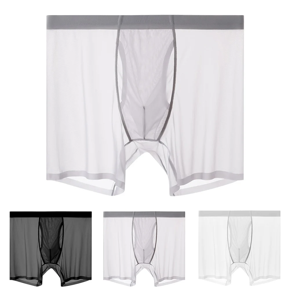 Sexy Thin Men Ice Silk Seamless Sheer Boxers Underwear Shorts Long Leg Panties U Convex Pouch Boxer Trunks