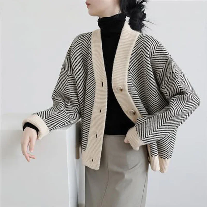 

Chic Women Knit Cardigan Sweater V Neck Stripe Coat Female Quality Korean Style Autumn Thick Clothes Button Up Knitwear New 2023