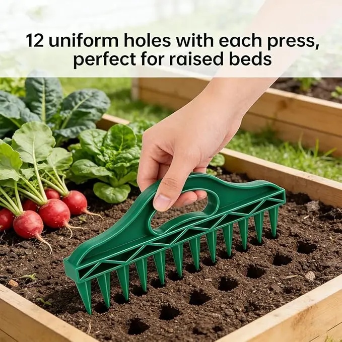 Plantador de Sementes de 12 Furos para Canteiros Elevados e Vasos - Ferramenta de Jardinagem com Espaçamento Fixo e Controle Manual da Profundidade (Sólido 190g)