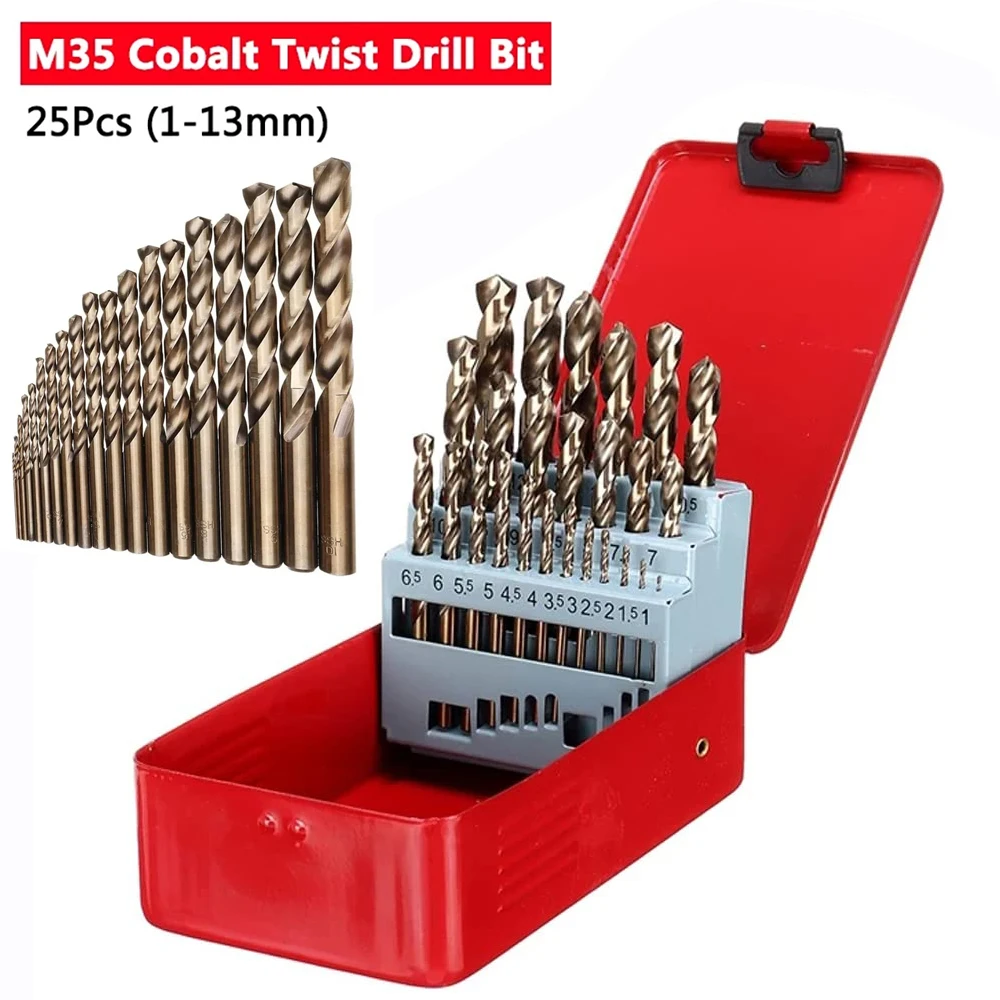 

25pcs HSS M35 Cobalt Twist Drill Bits Set Straight Shank with Metal Case Diameter-1mm~13mm for Cast Iron Wood Stainless Steel