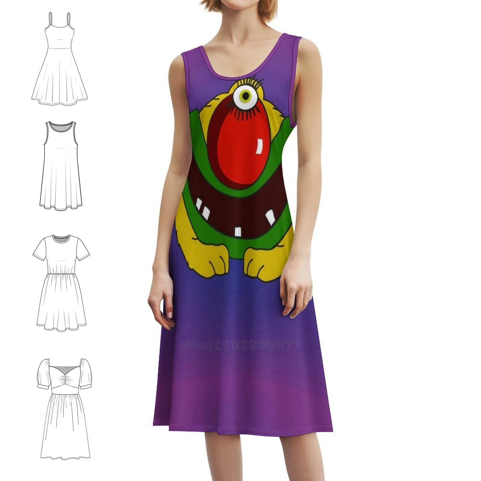 Pickle Monster Bohemian ärmelloses Kleid für Frauen, bedruckte Strandpartykleider, Monster Munch Walkers, Chips, eingelegte Partykleider