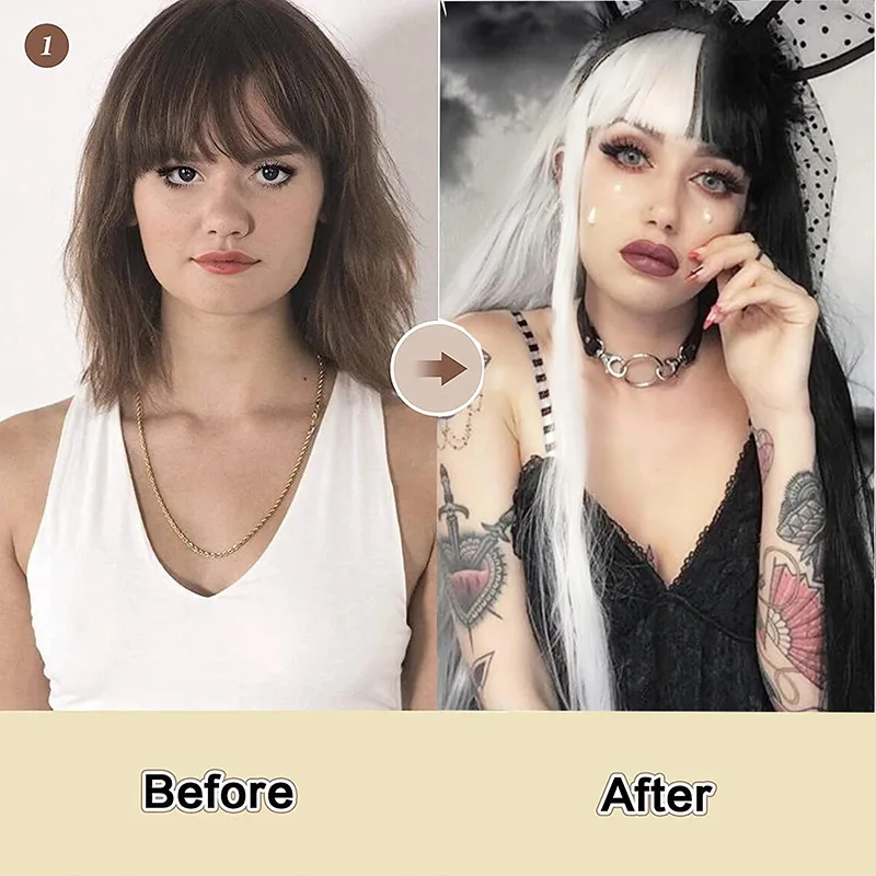 شعر مستعار للنساء برأس كامل، شعر مستعار طويل مستقيم باللونين الأبيض والأسود مع غرة لحفلات الهالوين، شعر مستعار رقيق طبيعي