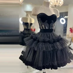 2024 Fascinating Modern Black A Line Women's Evening Dresses New Short Strapless Prom Gowns Sleeveless Tiered Homecoming Dress