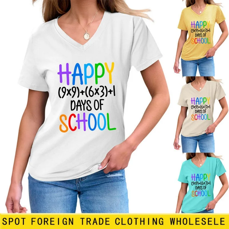 

Летняя женская футболка с V-образным вырезом и короткими рукавами - стильный дизайн с принтом, свободный и повседневный топ в американском ретро-стиле.