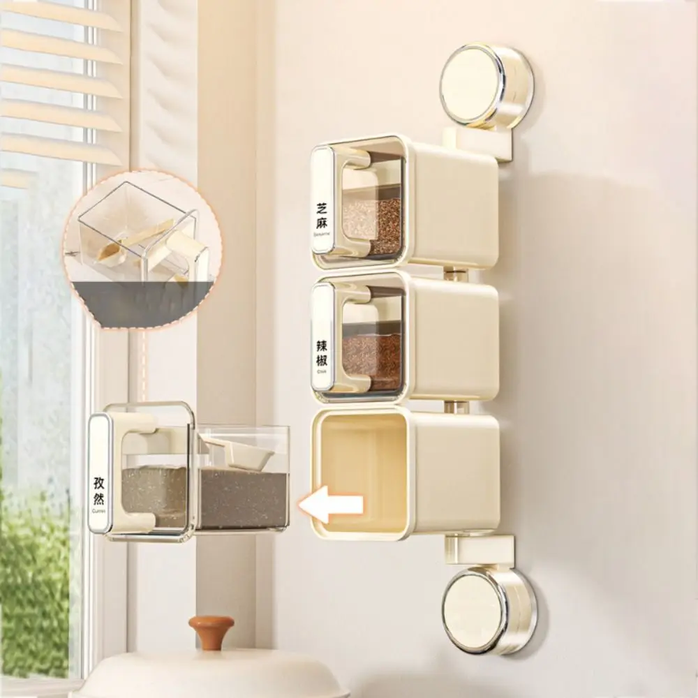 

Rotating Suction Cup Seasoning Box Moisture-proof 2/3 Grids Dust-proof Seasoning Jar Space Saving with Spoons