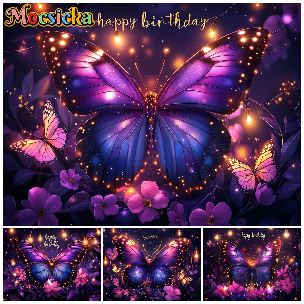 Mocsicka Fond de scène féerique magique scintillant pour anniversaire, motif floral sombre et papillons, lumières violette, esthétique rêveuse pour fête de fille