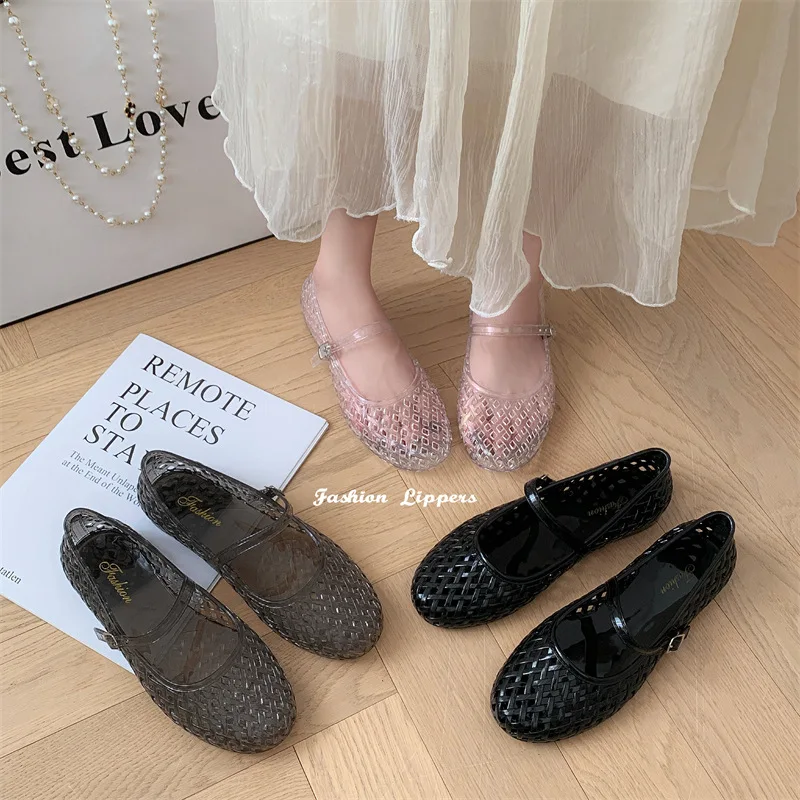 Baotou Sandals Women's Summer New Flat Bottom Hollow Fashion Transparent Sandals Casual Wear Women's Single Shoes