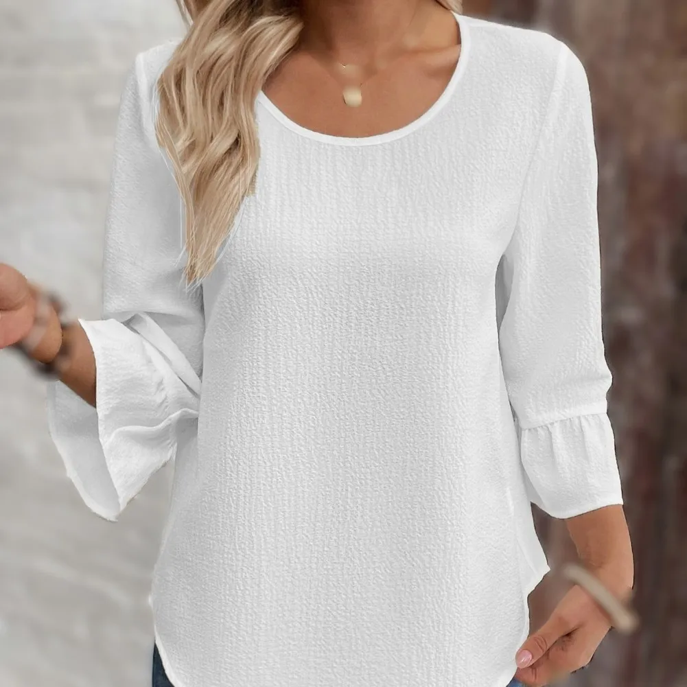 Women Solid Round Neck Three-Quarter Flared Sleeve Loose Top For Vacation, Holiday, Beach,Cycling ,Office ﻿