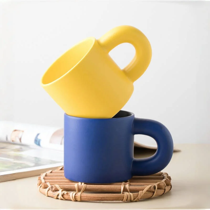 

330ml Chubby Ceramic Mug with Straw, Fat Coffee Cup, Smooth Handle, Matte Glaze, Minimalist Thick Wall Tea Drinking Cup Home