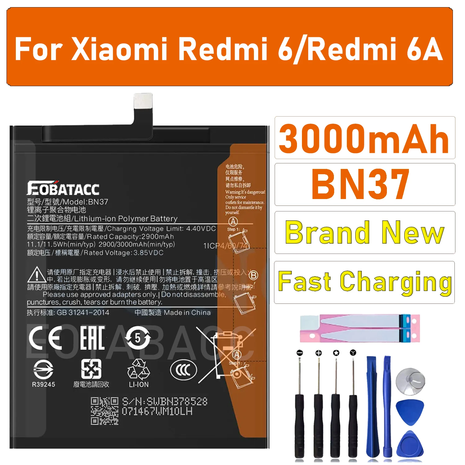 

2025 Years EOBATACC 100% New Battery BN37 3000mAh For Xiaomi Redmi 6 Redmi6 Redmi 6A +Free Tools