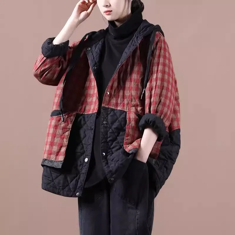 Vintage Plaid Women Parkas 2024 New Autumn Winter Patchwork Hooded Female Cotton-Padded Jackets Quilted Ladies Outwear Coat