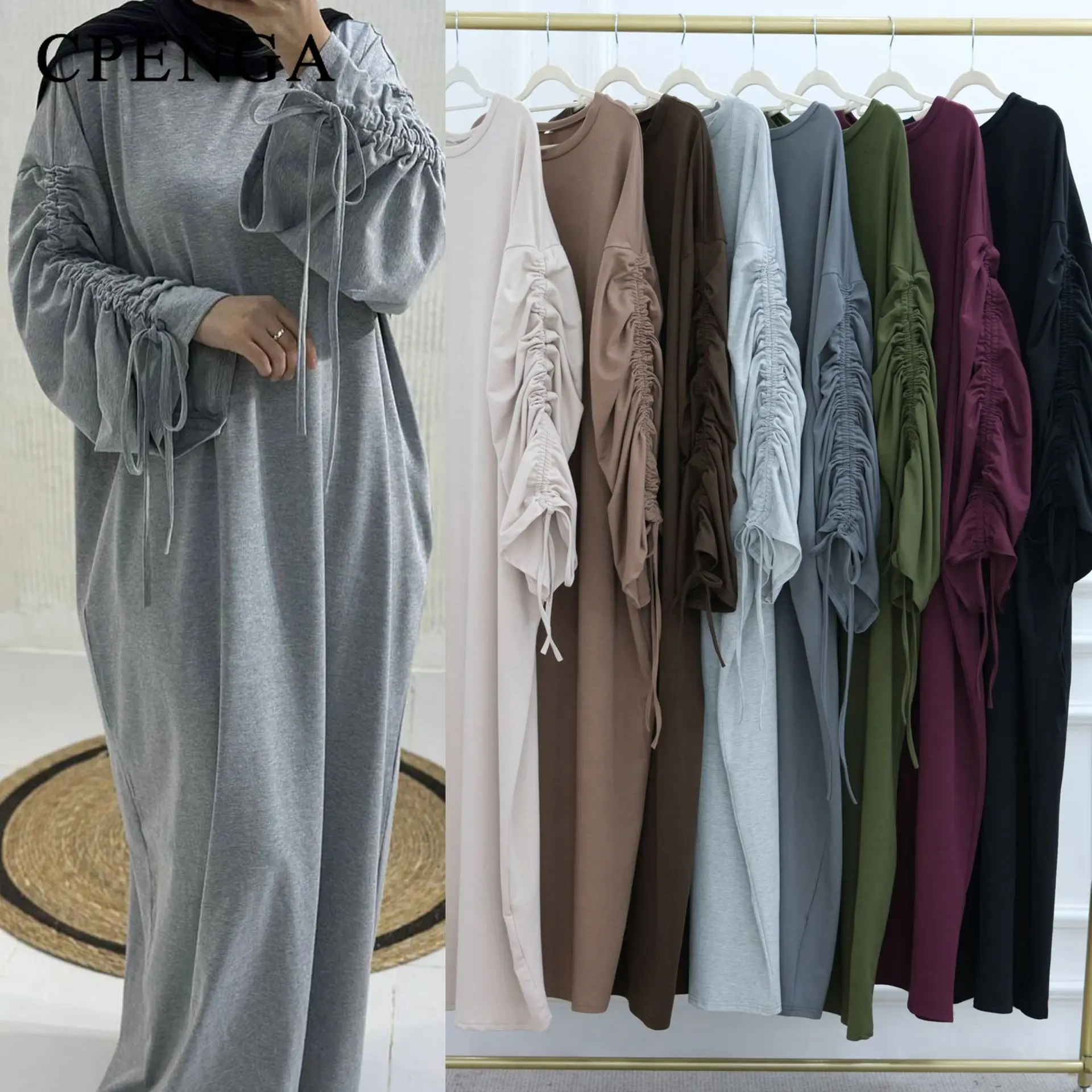 

Drawstring Cuff Sleeves Muslim Modest Dress for Women Ramadan Dubai Plain Abaya Islamic Vacation Outfit Summer 2025 Turkey Robe