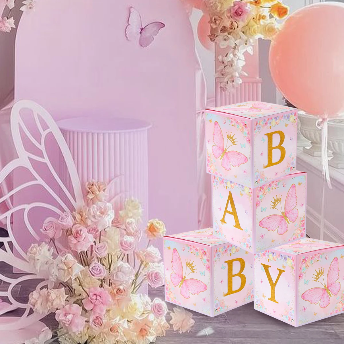 4pcs Baby Shower Boxes Pink Butterfly Balloon Boxes with Printed BABY Letters Blocks Boy Girl Gender Reveal Birthday Favor