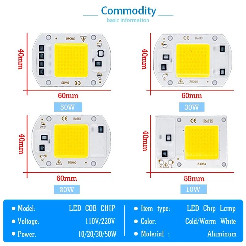 LED COB Chip 10W 20W 30W 50W Perline di luce di inondazione a LED AC 110V 220V Non è necessario driver per proiettore Faretto Lampada Illuminazione