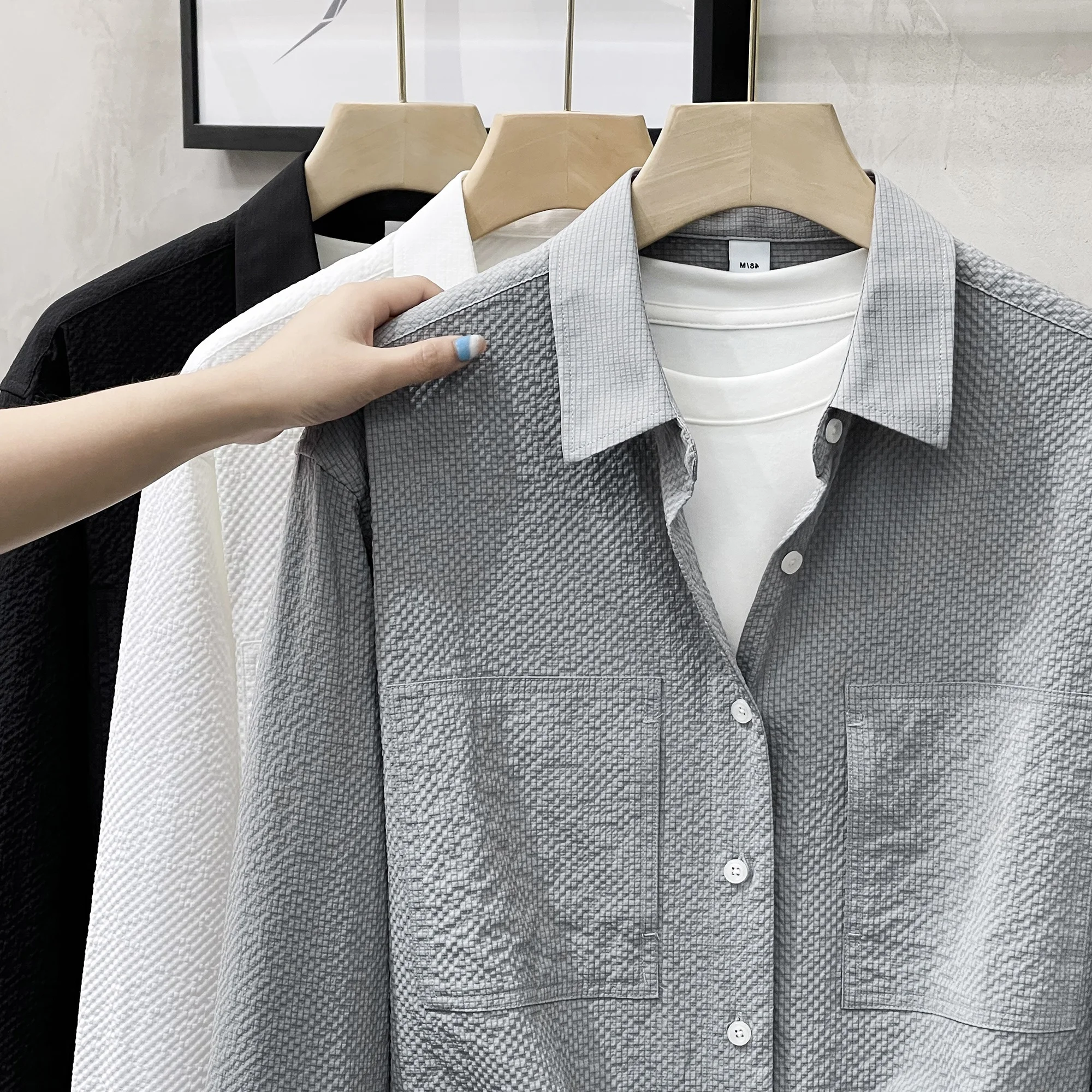 

Men's Casual White Long Sve irt Texture Design ket Feature Premium Feeling Simple Maturi Sle Autumn Faion