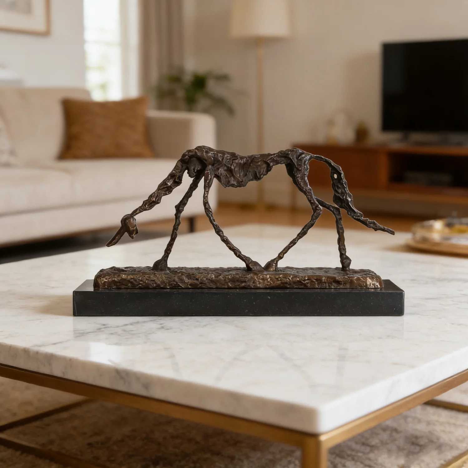 38cm Bronze Giacometti\'s Abstract Dog Statue Famous Sculpture Marble Base Collection Art Home Decor