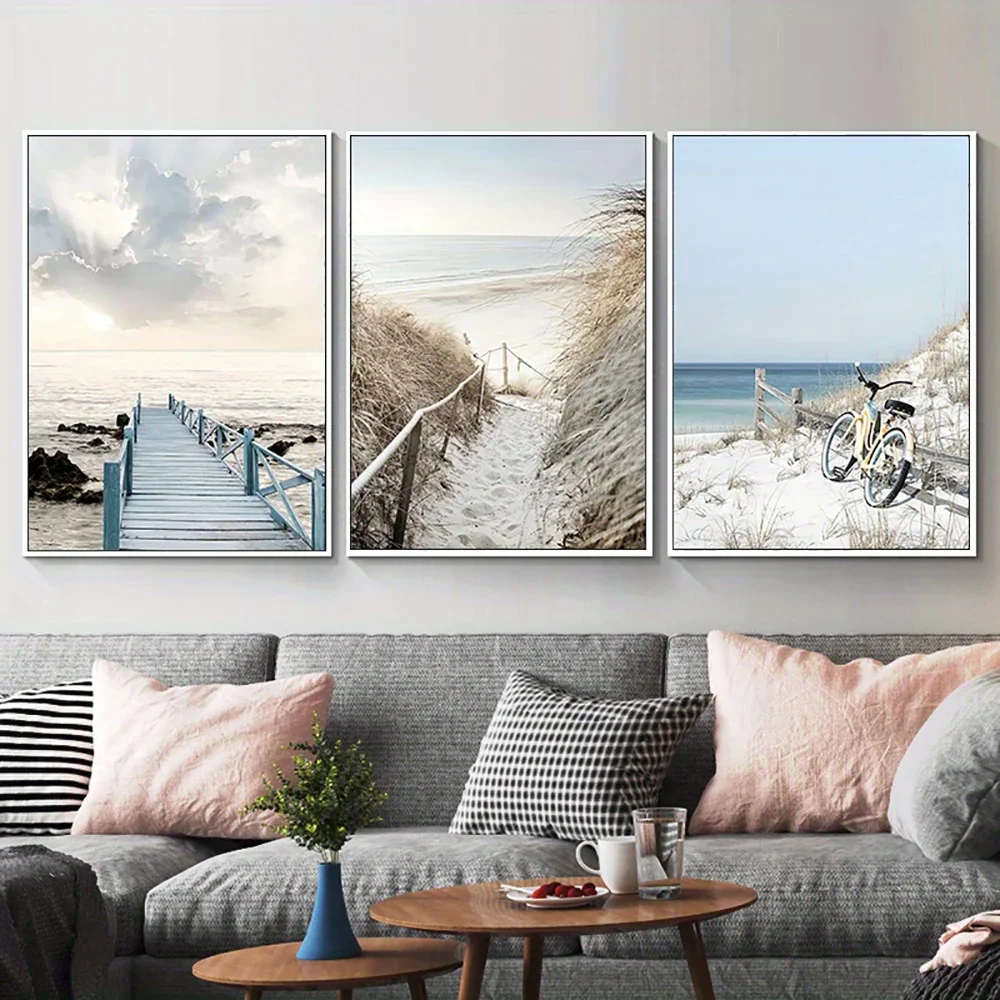 Large-sized frameless 3pcs  Nordic Seascape Beach Trestle Canvas Painting Nature Landscape Picture Home Decorative Poster and