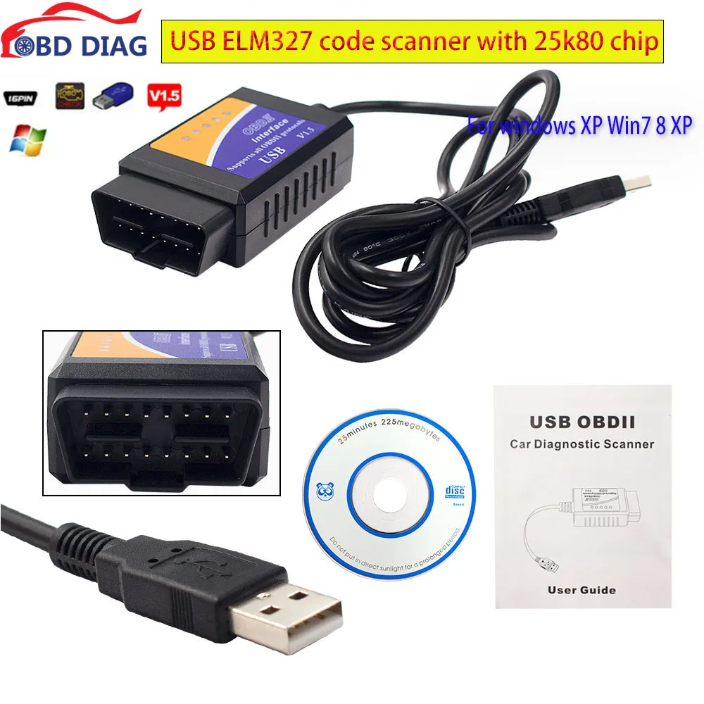 

USB ELM327 V1.5 OBD2 Code Scanner ELM 327 USB V1.5 Diagnostic Cable ELM-327with 25K80 CHIP Support OBD2 Protocols For Win7 8 XP