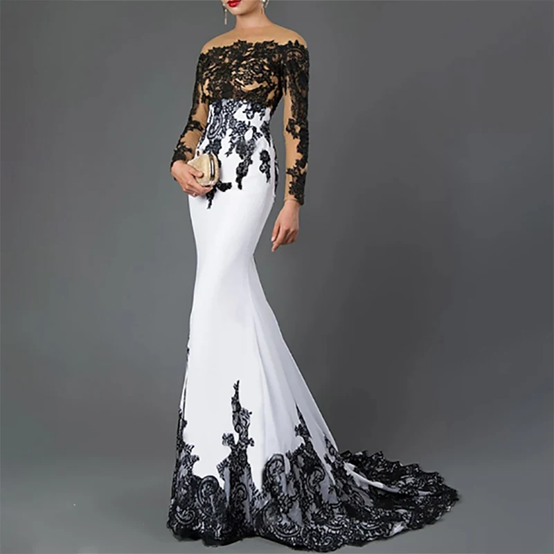 

Elegant Off the Shoulder Formal Evening Dresses Black Lace Appliques Long Dresses Prom Dresses /Dresses For Gala Customized