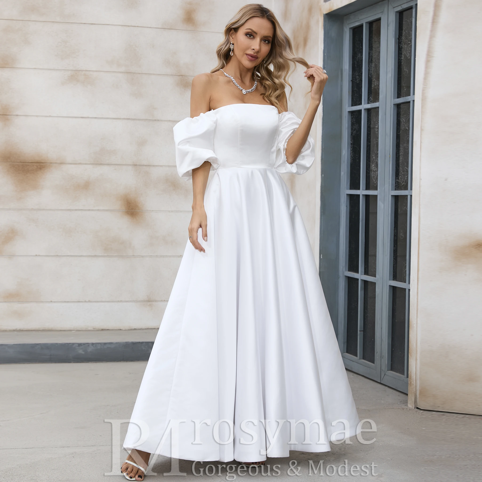 فستان زفاف Rosymae بطول الكاحل من الساتان على شكل حرف a عاري الكتفين فستان أنيق للعرائس فيستدوس دي نوفيا #4