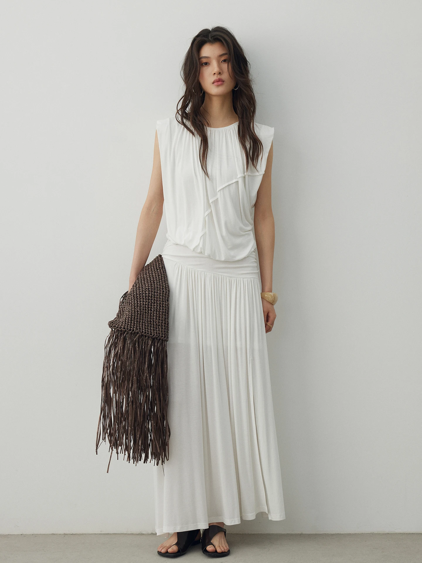 

KEARA U-Neck Deconstructed Pleated Drapey Knit Sleeveless Top Women's Spring Summer High Split Skirt Two-Piece Set