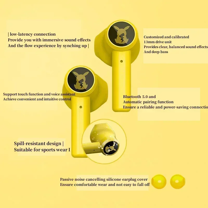 2023 Pikachu Pokemon Razer Earphones Wireless Bluetooth 5.0 Sport Noise Reduction Headphones Touch Control Microphone Universal