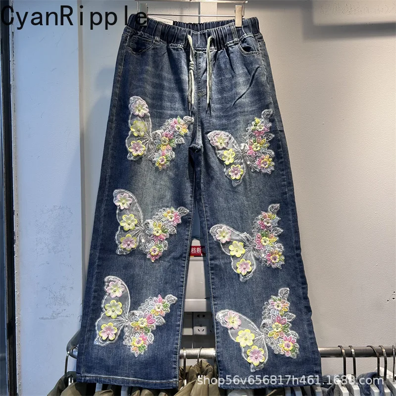 

Fashion Embroidery Butterfly Beads Wide Leg Jeans Women New Spring Summer All-match Elastic Waist Casual Straight Denim Pants