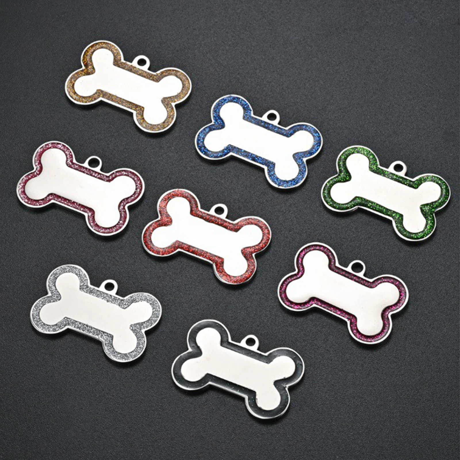 10Pcs Fashion Glitter Stainless Steel ID Dog Tag Bone Shape Name Tag Plate Pet Pendant Dog Accessories Collar Decoration 8Colors