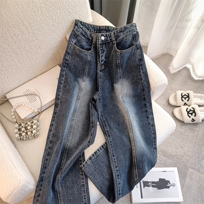 Vintage Fashion Women's Straight Pants High Street High Waisted Widelegged Pants High Quality Versatile Casual Jeans