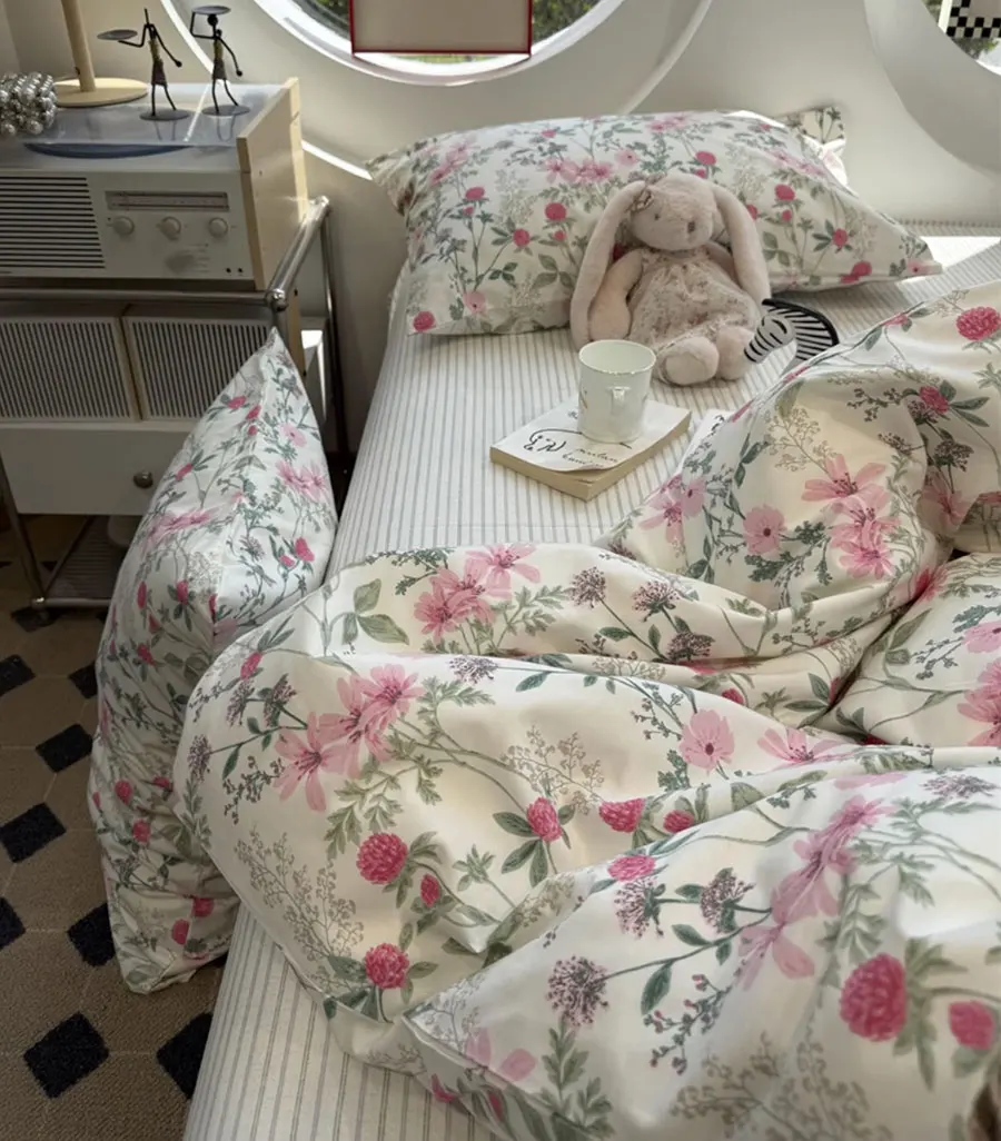 

Romantic sweet pink green flower bedding set,twin full queen king cute floral cotton home textile sheet pillow case quilt cover