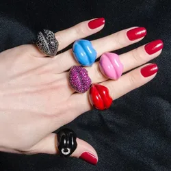 Fashion Dripping Oil  Enamel Colorful  Ring Irregular Zircon Lips Shaped Rings for Women Girls Sweet Cute Finger Jewelry Gifts