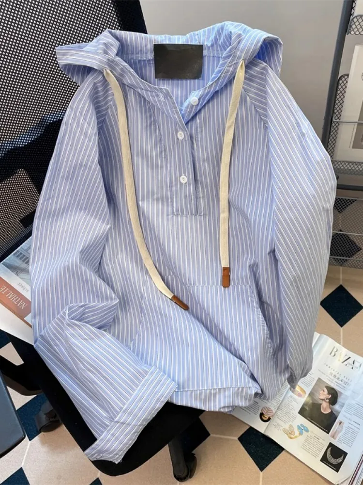 هودي نسائي فضفاض مخطط بأكمام طويلة، ملابس كاجوال للربيع والخريف، ملابس خارجية عصرية مريحة للتنقل، نمط كوري...