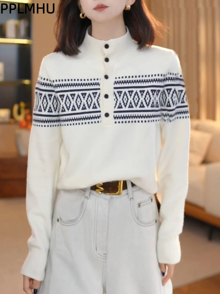 Half High Collar Baggy Knitted Sweater Women's Casual Korean Fashion Bottom Pullovers Button Soft Long Sleeved Knitwear Sueter