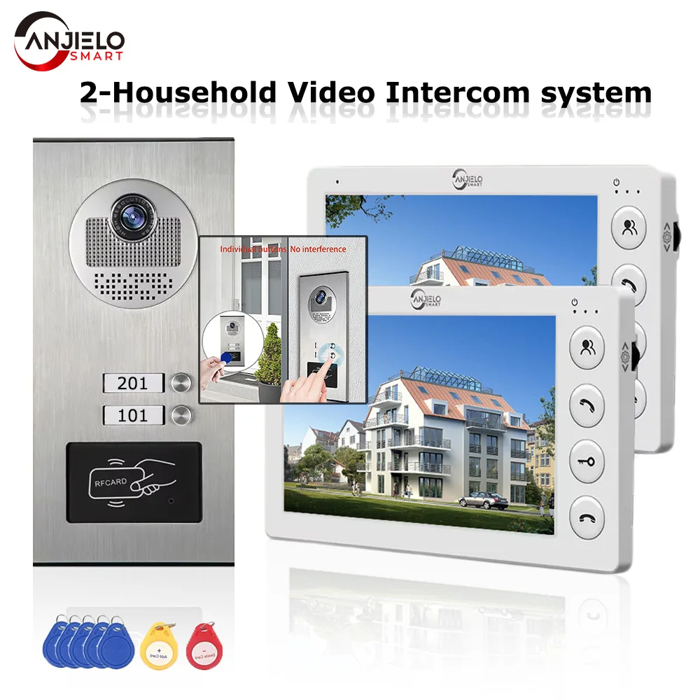 2 блока, многоквартирный домофон, видеодомофон с разблокировкой карты RFID, 7-дюймовая 4-проводная видеодомофонная система