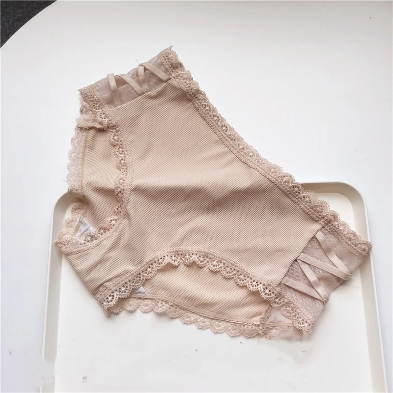 Striped Ice Silk Women's Underwear Cross Hollow Out Belt Panties Sexy Lace Edge Girls' Underpants Elastic Seamless Briefs