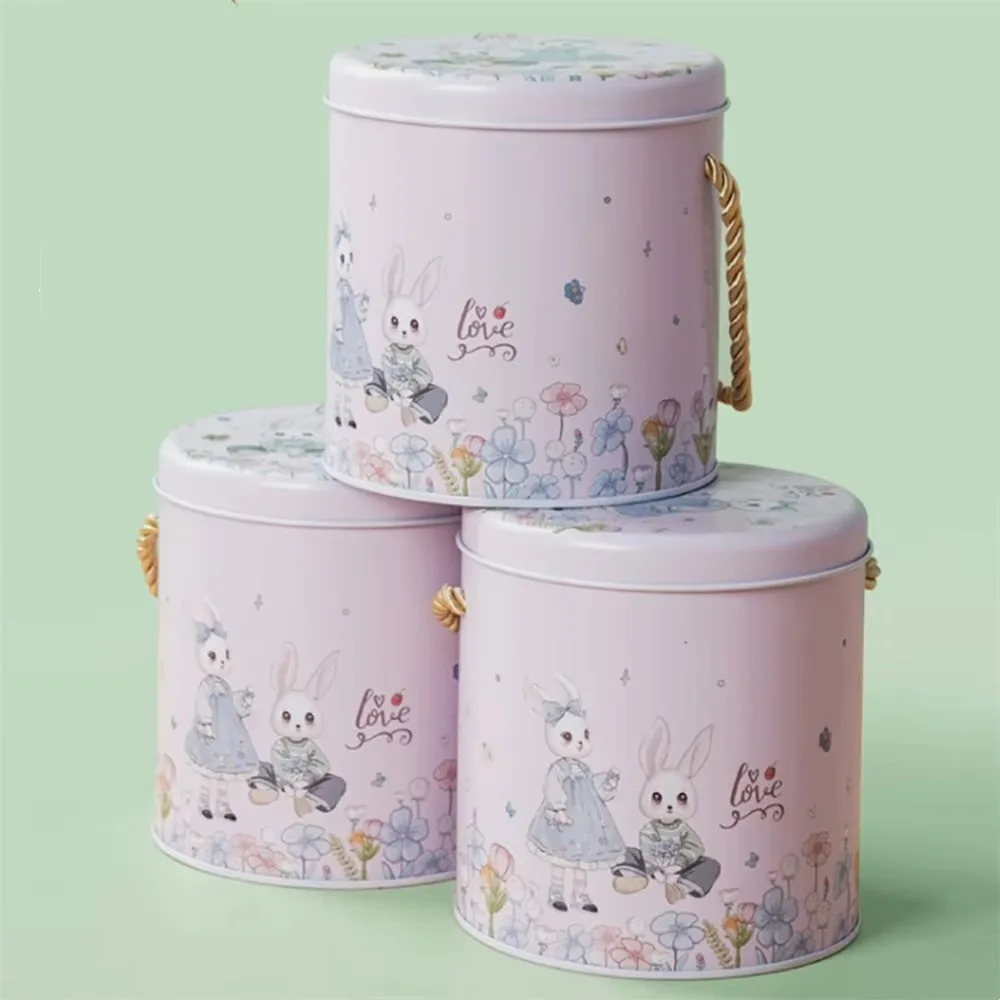 

Cartoon Rabbit Printed Tinplate Candy Chocolate Boxes Metal Empty Cookie Tin Box Happy Easter Round Biscuit Packaging Iron Can