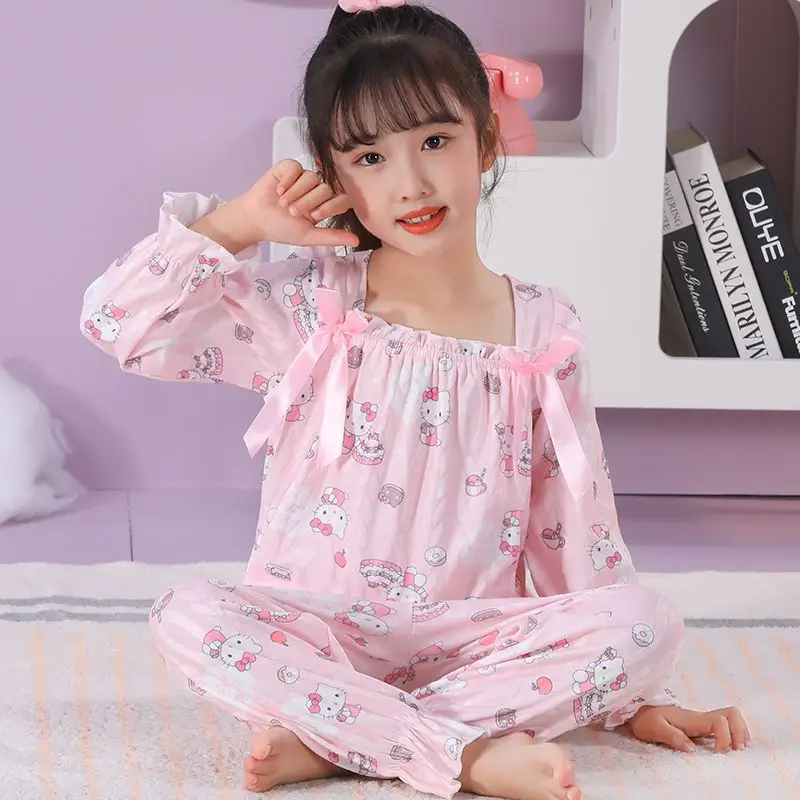 

Sanrio Kuromi комплект одежды для сна для девочек, хлопковые детские весенне-осенние длинные брюки Hello Kitty, удобные пижамы, домашняя одежда для детей