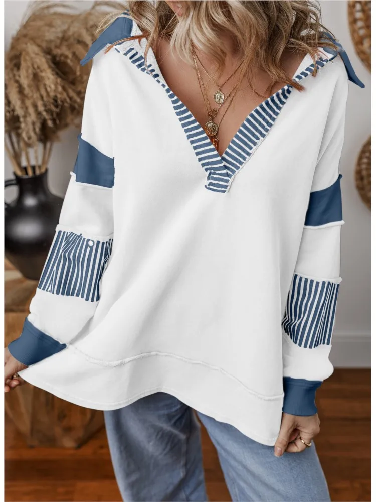 Casual Versatile Deep V-neck Pullover Striped Color Block Long-sleeved Loose Sweatshirt Women's Autumn Commuting Retro Style Top