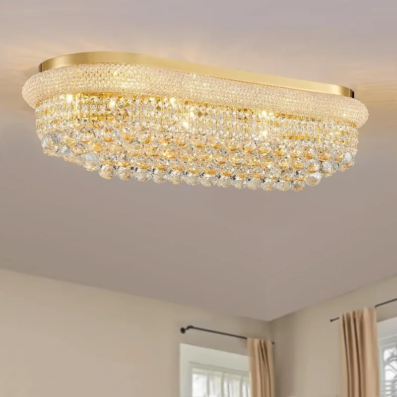 Oval Gold Ceiling Crystal Chandeliers - Length 36 inches Fulsh Mounted Chandelier Light Fixtures for Living Dining Room, Bedroom