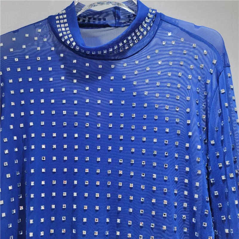 HKSH Tシャツ女性のための秋の新長袖スタンドカラーメッシュスタッズダイヤモンド Tシャツシックなストリートエレガントカジュアルトップス HK10866