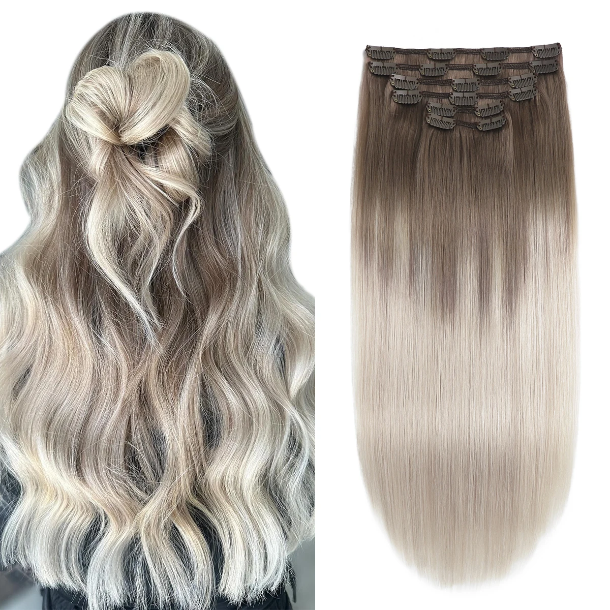 XDhair Clip In Hair Extensions 100g 120g Ombre Color Ash Brown to Platinum Blonde Clip in Hair Extensions