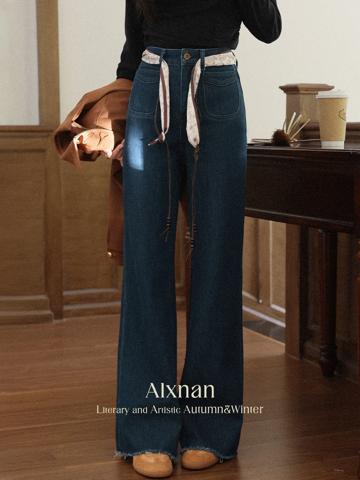 

ALXNAN Blue Jeans Straight Wide-leg Cotton Vintage Women's Flared Jeans 2025 Fall New Elegant Casual Baggy Pants Female L569182